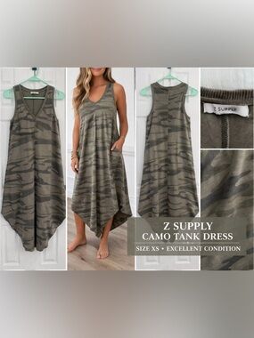 Z Supply Camo Tank Dress XS Green Camouflage Sleeveless Flowy Midi Excellent
